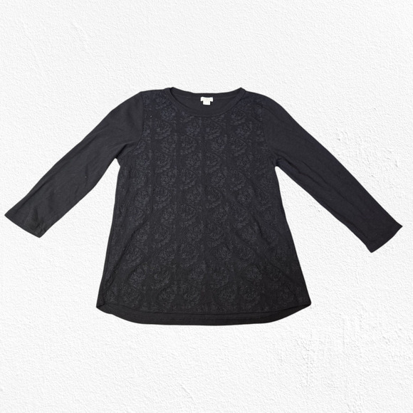J Crew Black Jacquard Brocade-Style Embossed 3/4 Sleeve Crewneck Top Size Large - Picture 1 of 8